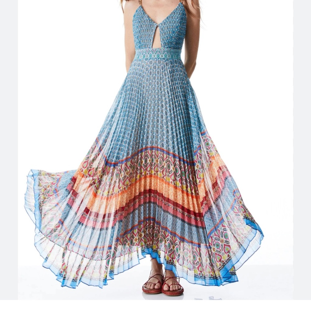 Alice + Olivia Blue Multicolor Pleated Maxi Dress with Keyhole